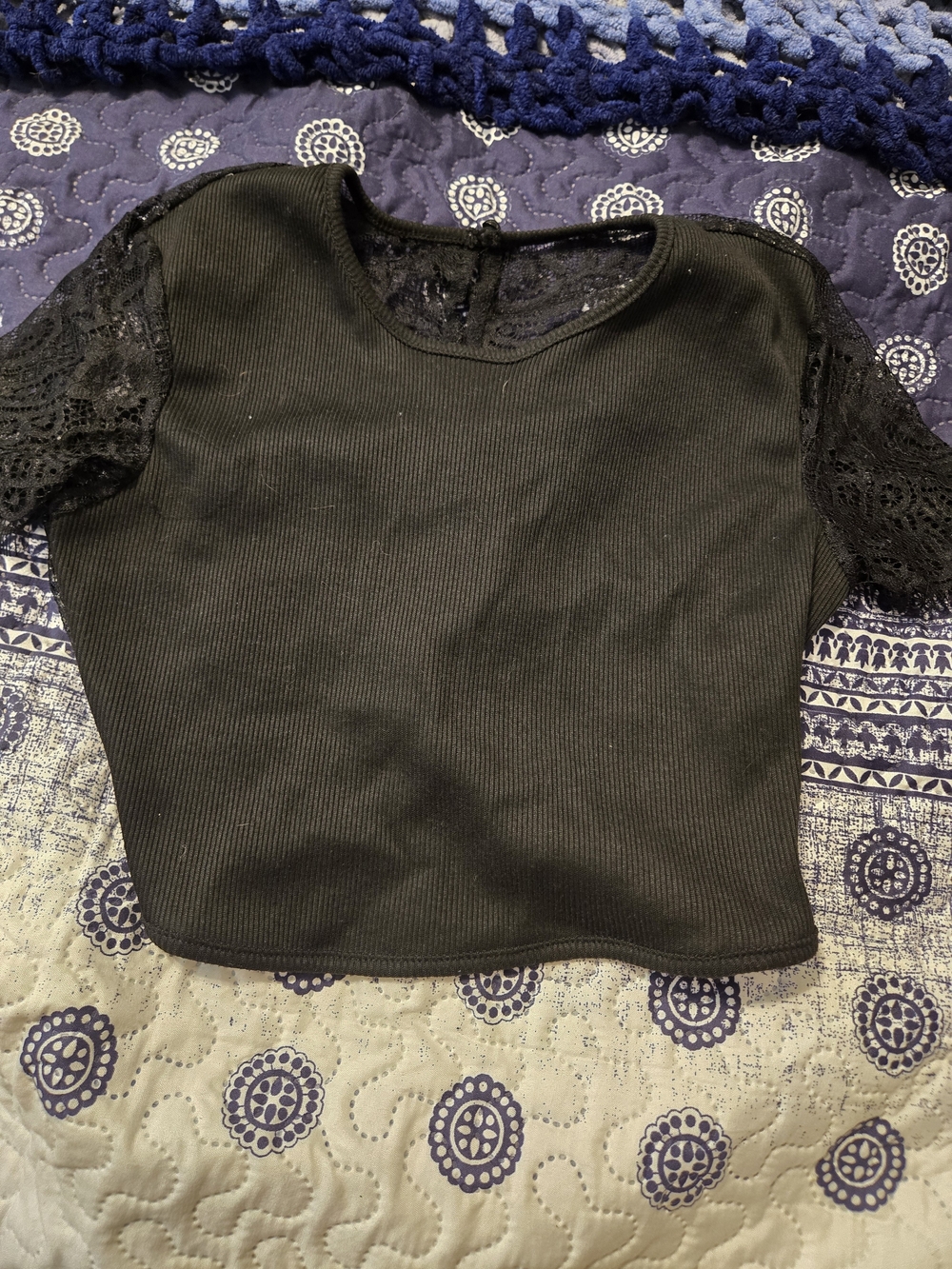 Black Lace Sleeve Ribbed Women's Top